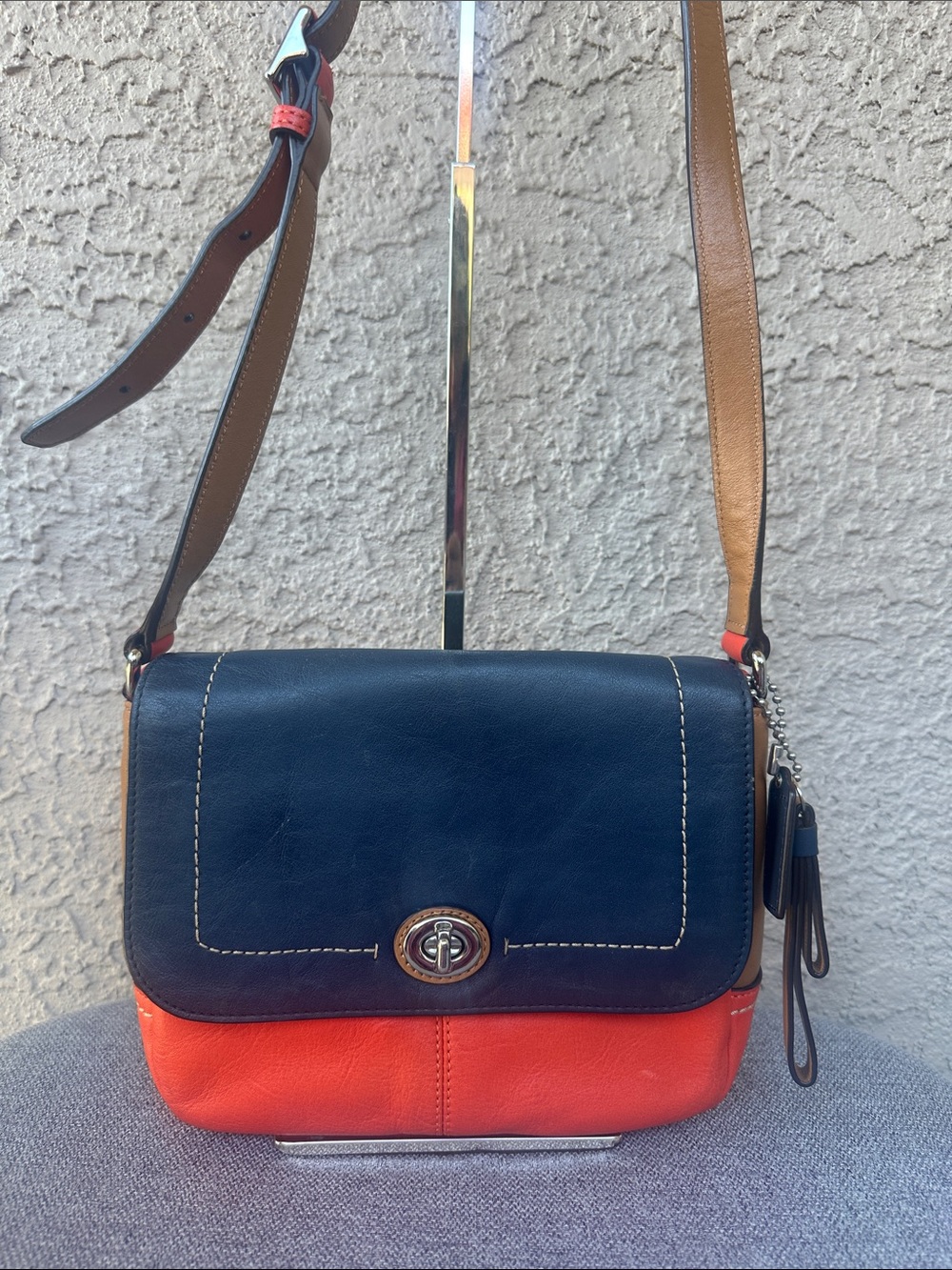 Coach Navy and Orange Colorblock Leather Crossbody with Tan Strap